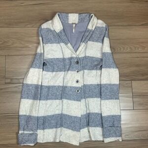 Free People sweater woman M Wool Angora Blend Gray Ivory Striped Button Cardigan